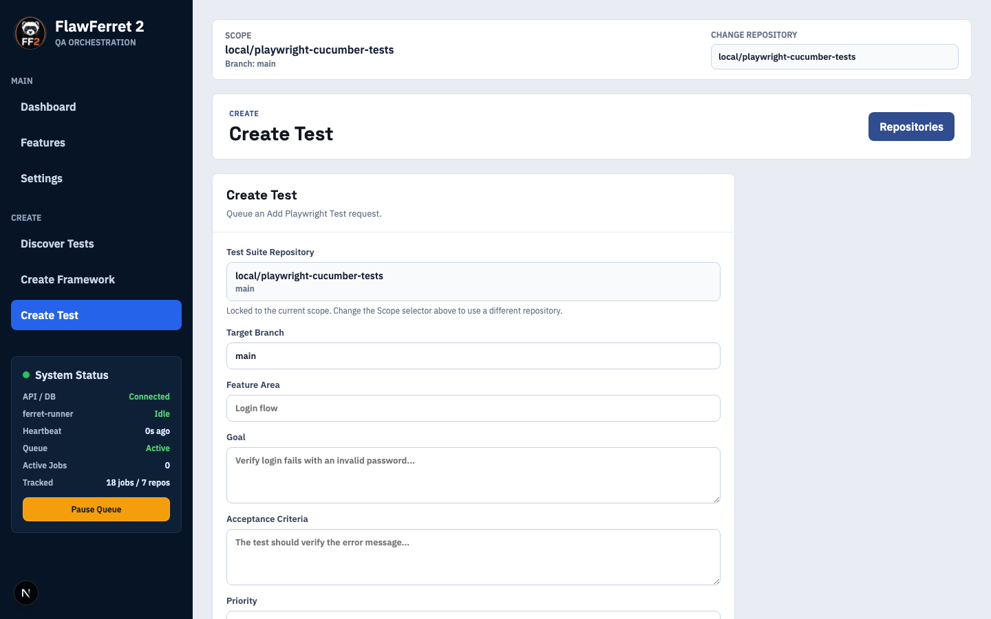 FlawFerret2 Create Test form for queuing an Add Playwright Test request, with fields for target branch, feature area, goal, and acceptance criteria.