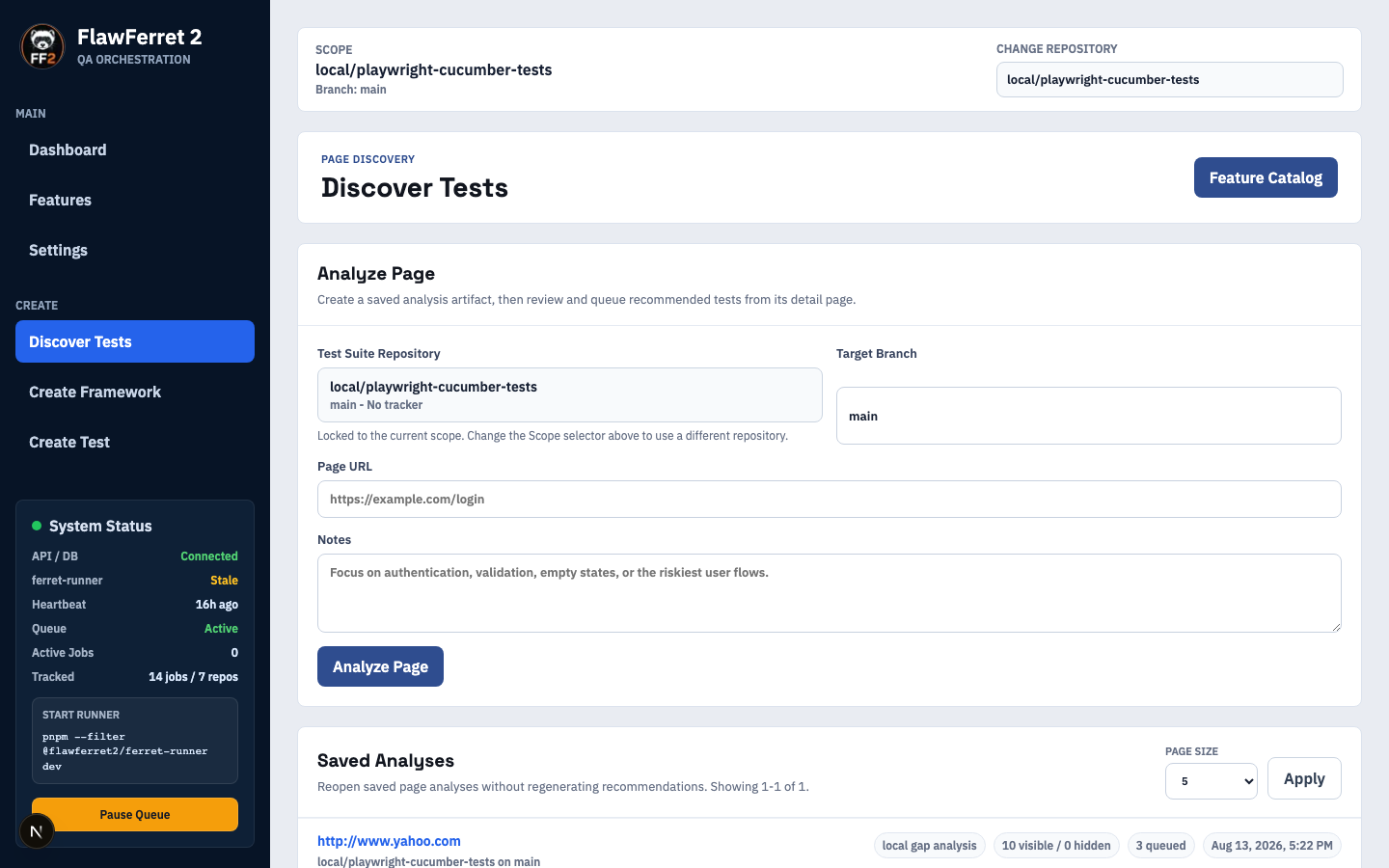 FlawFerret2 Discover Tests page for analyzing a page URL against existing test coverage, with fields for target branch, page URL, and notes, plus a list of saved analyses.