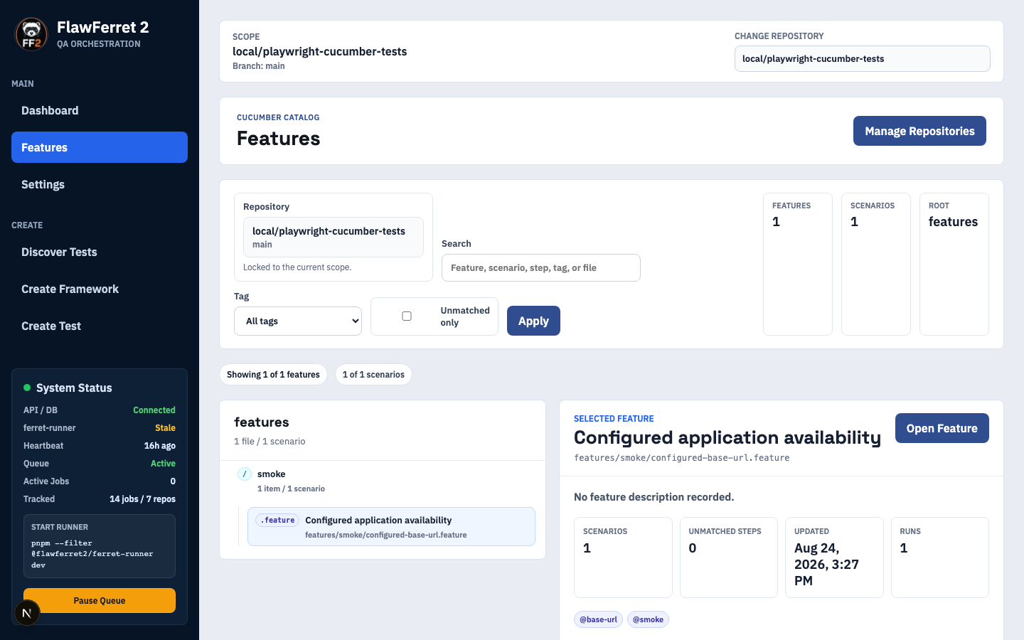 FlawFerret2 feature catalog showing every Cucumber feature file and scenario in a repository, searchable by tag, file, or text, with a selected feature's scenario count and last run status.
