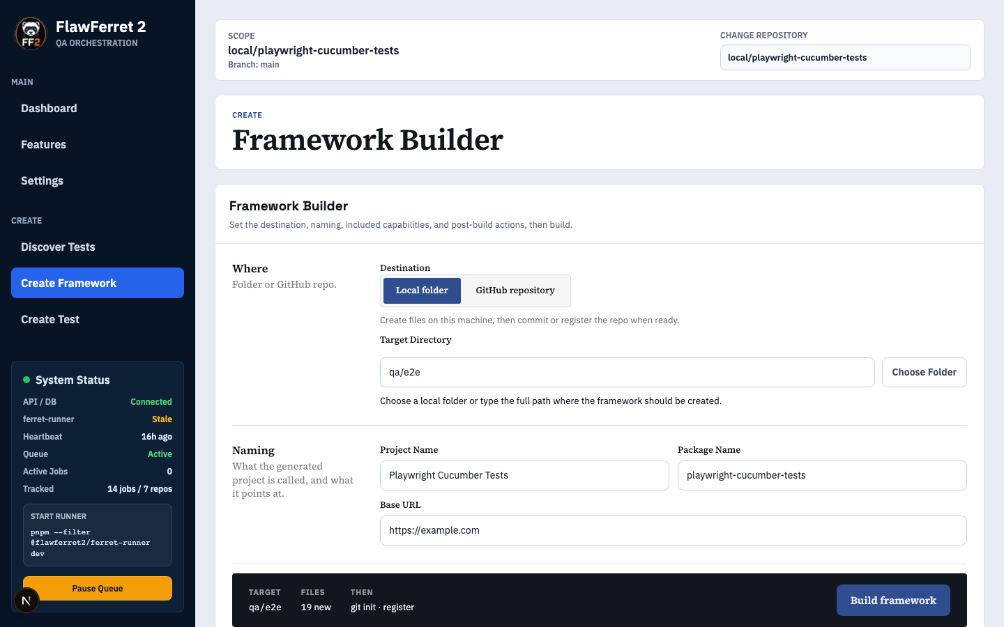 FlawFerret2 Framework Builder form for scaffolding a new Playwright and Cucumber test framework, with destination, project naming, and base URL fields, and a build summary showing 19 files to be created.