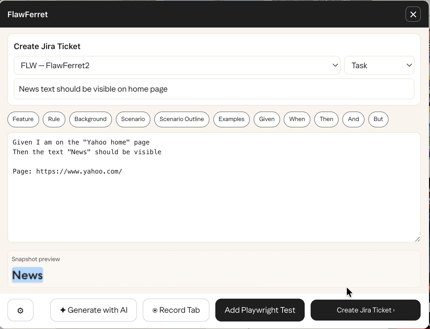 FlawFerret capture overlay showing a Jira ticket being created with an auto-generated Gherkin scenario and snapshot preview, from a single right-click on a web page.